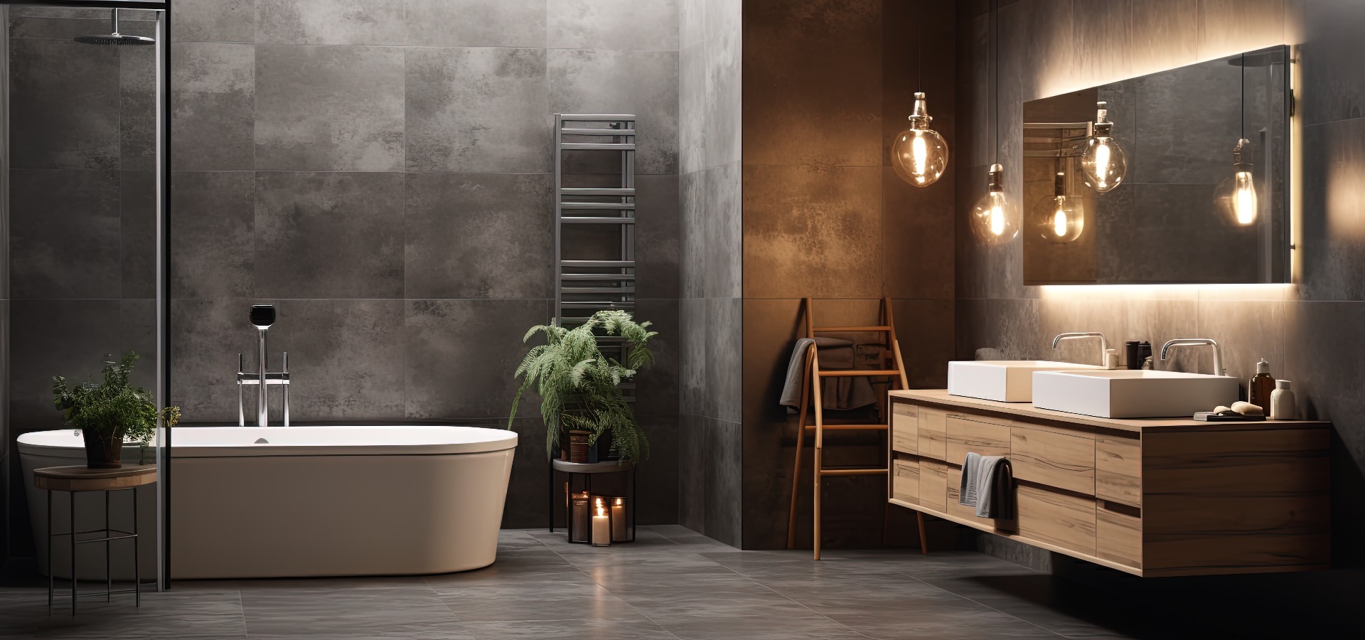 Modernes Badezimmer mit Nachtbeleuchtung, ausgestattet mit Dusche, Badewanne, Spiegel und Waschtisch.