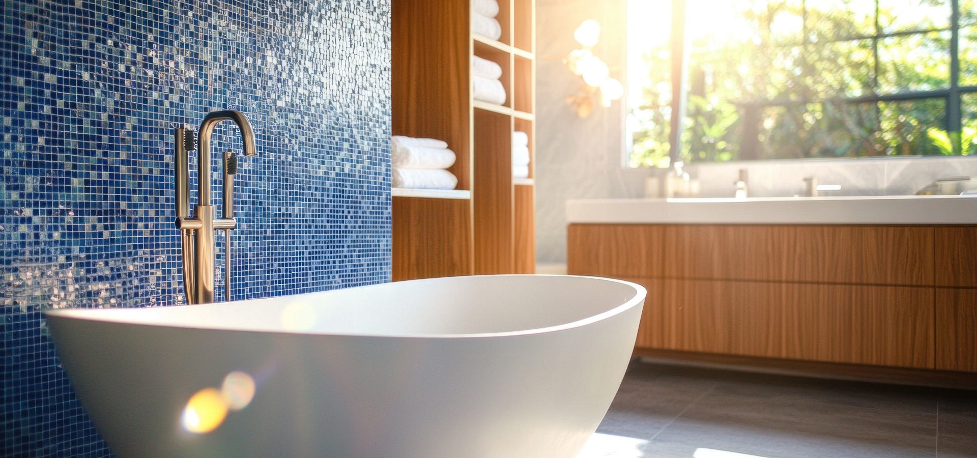 Ein helles und luftiges Badezimmer mit einer eleganten freistehenden Badewanne, blauen Mosaikfliesen und reichlich Stauraum durch Holzschränke in einer ruhigen Atmosphäre