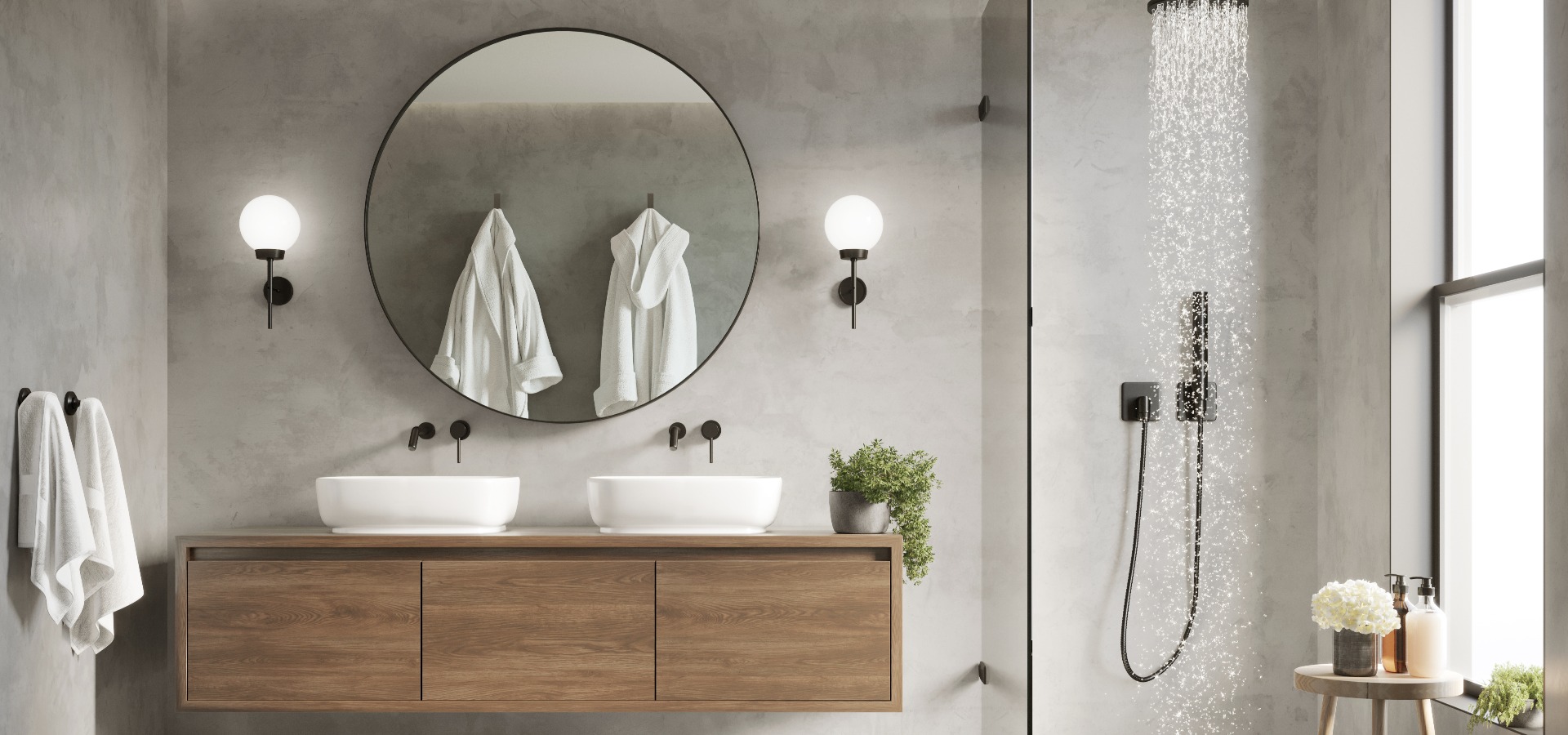 Modernes, zeitgenössisches Badezimmer in Grau mit Betonoptik und rundem Spiegel
