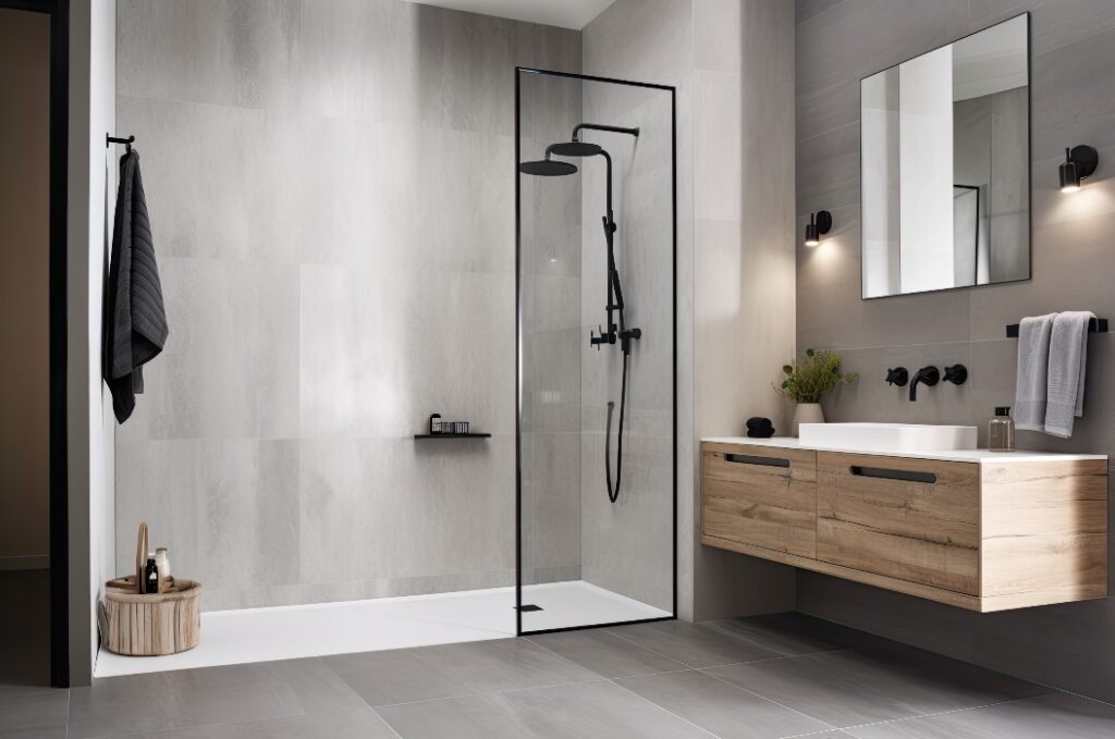 Walk-in-Duschen im minimalistischen Design zeichnen sich durch Schlichtheit, Funktionalität und klare Linien aus, wobei der Schwerpunkt auf natürlichen Materialien und dezenten Farben liegt – Von KI generiert